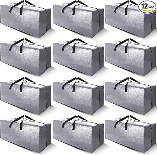 Cosy Family 12 Pack Heavy Duty Moving Bags with Backpack Straps - Strong Handles & Zippers, Storage Totes For Space Saving, Fold Flat, Alternative to Moving Box (X-Large-Set of 12, Silver)