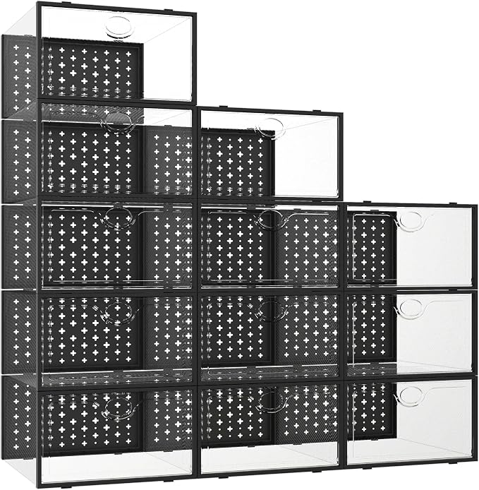 12 Pack X-Large Shoe Storage Boxes, Shoe Organizer Clear Stackable | Fit US Size 11, 6.2” Height, Shoe Dispaly Case Holder Bins Sneaker Storage for Sneakerheads, For Home and Family, Black