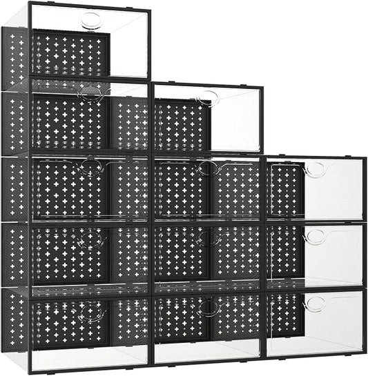 12 Pack X-Large Shoe Storage Boxes, Shoe Organizer Clear Stackable | Fit US Size 11, 6.2” Height, Shoe Dispaly Case Holder Bins Sneaker Storage for Sneakerheads, For Home and Family, Black
