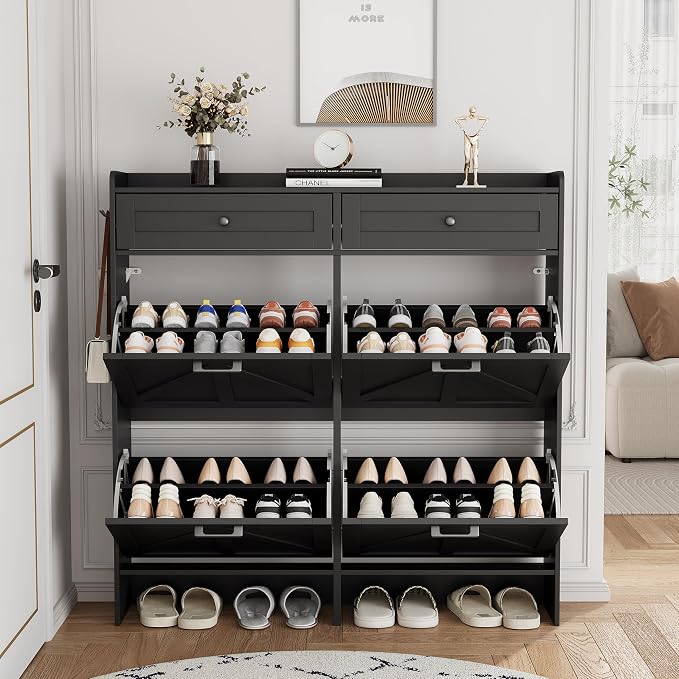Shoe Cabinet with 4 Flip Drawers & 2 Top Drawers, 43" Tall Freestanding Narrow Wooden Shoe Storage Organizer for Entryway, Hidden Slim Shoe Rack for Front Door Entrance, Hallway, Living Room, Black