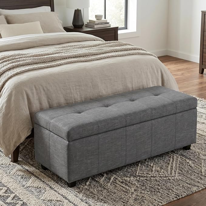 SIMPLIHOME Avalon Storage Ottoman Bench - 48" Wide x 16" High Upholstered Linen Look Fabric Rectangular Lift-Top Ottoman in Slate Grey, Contemporary Bench for Living Room with High-Density Foam