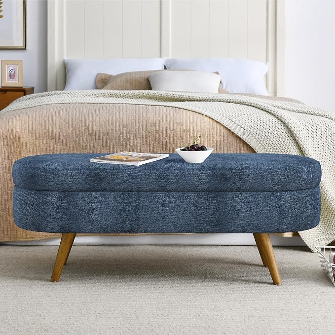 43.5" Ottoman with Storage, Storage Ottoman Bench with Safety Hinge, Foam End of Bed Bench, Upholstered Entryway Bench for Bedroom, Living Room & Window, Holds up to 330 lb, Dark Blue