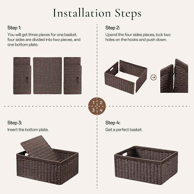 joybest Dark Brown Wicker Baskets for Shelves, Hand-woven Storage Baskets | 13.4L x 8.3W x 7.1H inch for Pantry, Kichen Organizing, Foldable Rectangular Bin with Handles, 2-pack