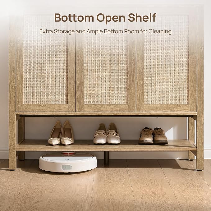 SICOTAS Rattan Shoe Cabinet with Storage, 30 Pairs Boho Shoe Organizer | Tall Farmhouse Shoe Rack Cabinet with 3 Doors & Adjustable Shelves for Entryway, Hallway, Living Room, Closet