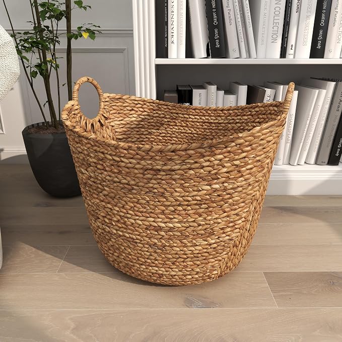 Deco 79 Seagrass Storage Basket, Large Woven Basket, 20" x 18" x 19", Brown | Handmade decorative and functional basket for storage with ring handles, baskets for organizing, room decor