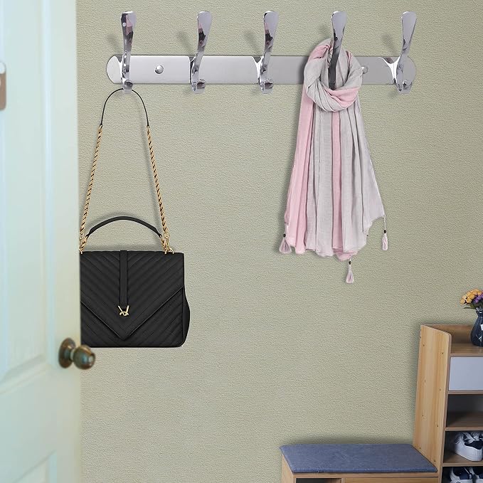 SKOLOO Modern Metal Wall Coat Rack with 5 Hooks, Sturdy Wall Hook Rack for Hanging Jacket, Clothes, Hat, Silver