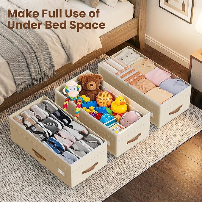 Budding Joy 80L 2 Pack Adjustable Under Bed Storage with Wheels, Beige | Underbed containers with clear lids, rolling underbed shoe storage organizer for dorm clothes, blankets, easy to install