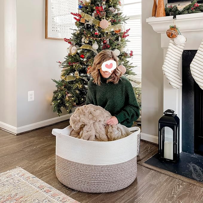 INDRESSME XXXLarge Woven Rope Blanket Basket Living Room Brown, 90L | 21.7" x 13.8" Storage baskets for toys laundry & pillows. Fits living room, bedroom or nursery décor. Soft-touch with handles