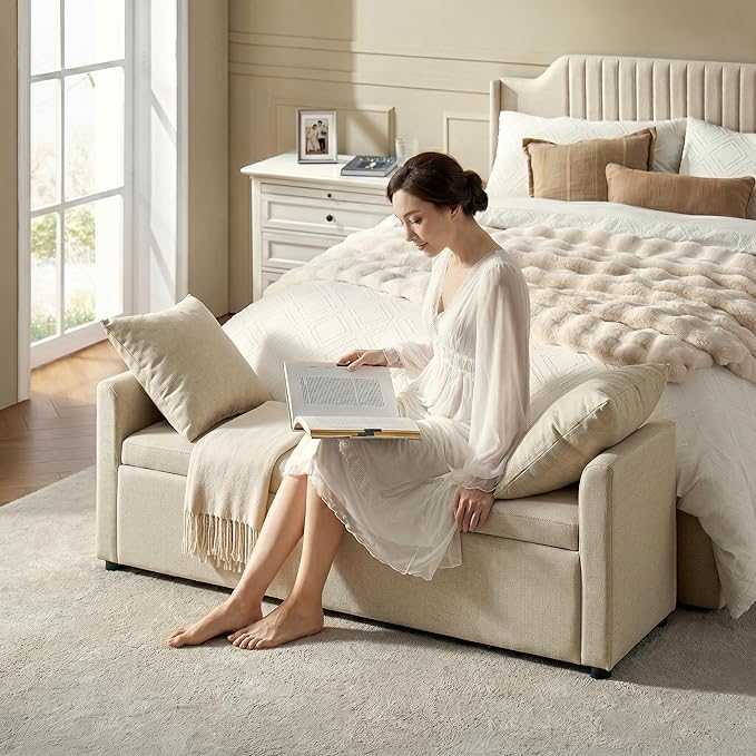 HULALA HOME 59" Storage Bench with 2 Throw Pillows & Armrests, Beige | Modern Long Bedroom Bench for End of Bed, Comfy Upholstered Fabric Footstool for Entryway Living Room