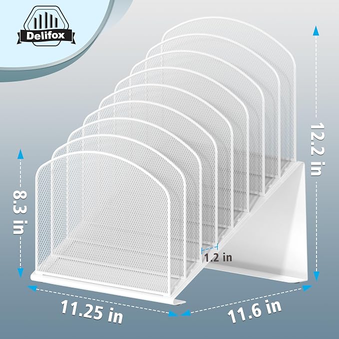 Inclined Desk File Organizer, 8-Section Upright Desk Organizer Standing File Sorter for Office Classroom Desktop Organization (White)