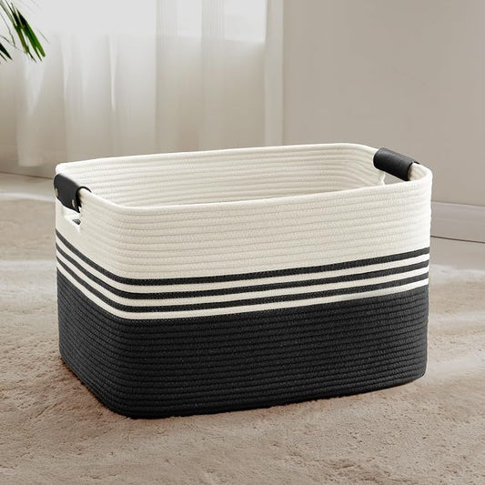 72L Large Woven Laundry Basket Hamper with Leather Handles,Black | collapsible wicker hamper, storage for dirty clothes, toys, blankets, gifts, living room, bedroom, bathroom, 22"x17"x12"