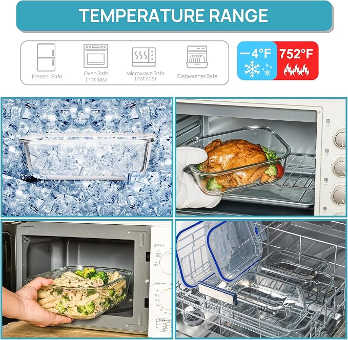 Vtopmart 2Pack 2260ml/76.4oz Extra Large Glass Storage Containers, Blue | Meal Prep Food Container Set with Snap Airtight Lids, Microwave, Oven, Freezer, Dishwasher Safe, Baking, BPA Free