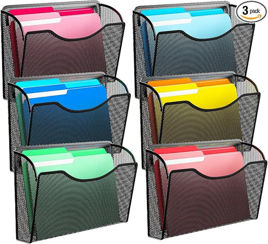 MINDEPOT Wall File Organizer, Hanging Wall File Holder, 6 Pack, Black | Heavy Duty Iron, Metal Mesh Wall Mount, Single Pocket, Mail Organizer, for Office School Classroom Home, Letter A4 Size