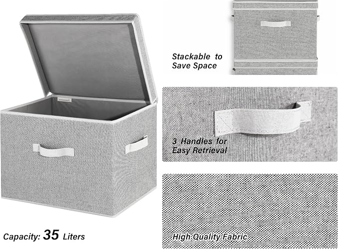 StorageWorks Fabric Storage Bins with Lid, Decorative Storage Boxes for Shelves, Stackable Closet Organizer Basket with Handles, Jumbo, Gray, 2-Pack | Flip-Top Lid, 3 Handles, Collapsible, Stackable, for Clothes Blankets, Multi-Purpose, Jumbo, Gray, 2-...