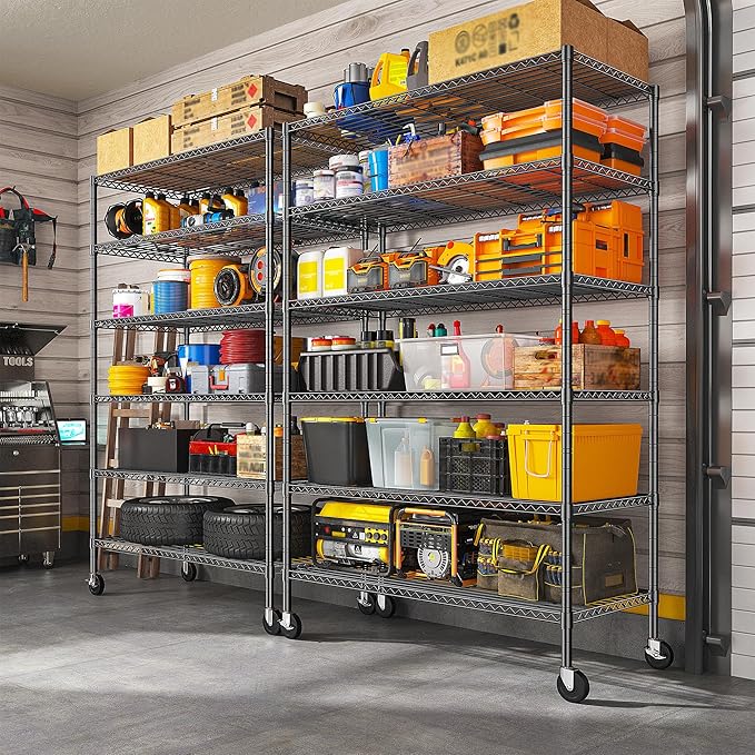 Romorgniz Heavy Duty 6-Tier Rolling Storage Shelves with Wheels for Garage | 1200lbs wire shelving, Rolling casters with locking wheels, Adjustable shelves, Rust-proof, For pantry, kitchen, basement