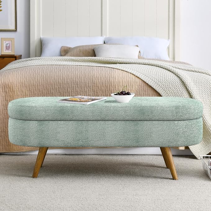 43.5" Ottoman with Storage, Storage Ottoman Bench with Safety Hinge, Foam End of Bed Bench, Upholstered Entryway Bench for Bedroom, Living Room & Window, Holds up to 330 lb, Cyan