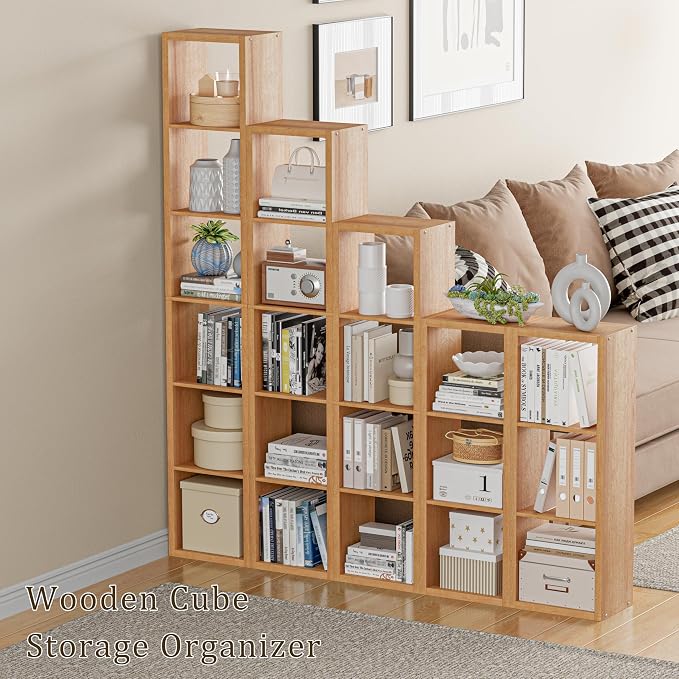 VDNEND Cube Storage Organizer Bookcase, Small 4 Tier 11 inch Open Back Cubical Shelf with Thickened Border, Display Bookshelf for Living Room, Home Office, Sturdy Room (Natural Oak, 4 Cube,Vertical)