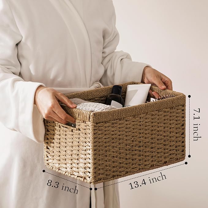 joybest Wicker Baskets for Shelves, Hand-woven Storage Baskets Natural | 13.4L x 8.3W x 7.1H inch for Pantry, Kichen Organizing, Foldable Rectangular Bin with Handles, 2-pack