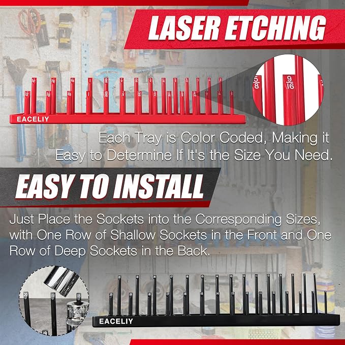 EACELIY Socket Organizer Tray Set,1/2", 1/4" and 3/8" SAE & Metric Deep & Shallow Socket Holder Kit, Deep and Shallow Socket Holders for Toolboxes(sockets not included) 丨6PCS