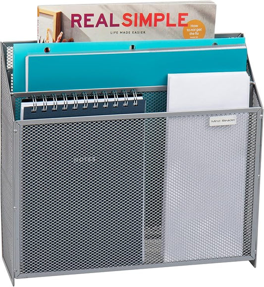 Mind Reader Vertical File Storage, Desktop Organizer, Wall Mount, Office, Metal Mesh, 12.5"L x 3.75"W x 11.5"H, Silver