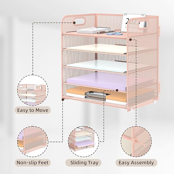 Supeasy 5 Trays Paper Organizer Letter Tray with Handle-Mesh Desk File Holders, Paper Sorter Desk Organizer for Office, Home, Classroom or School, Pink