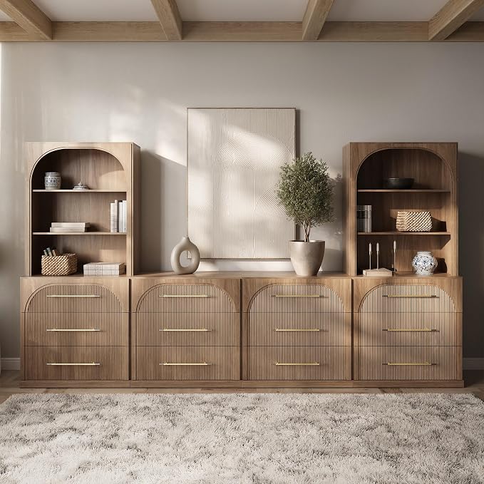 BELLEZE 6-Piece Modular TV Stand Set - 4 Sideboards with Drawers and 2 Storage Hutch, Classic Modern Media Console Table Cabinet for Living Room (Camel)