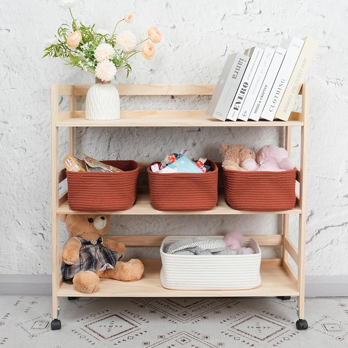 XUANGUO Small Woven Storage Baskets for Shelves, 12" x 8" x 5", Rustic | Decorative rope storage bins for closets and toy storage; cute organizer baskets, empty gift baskets and nursery storage.
