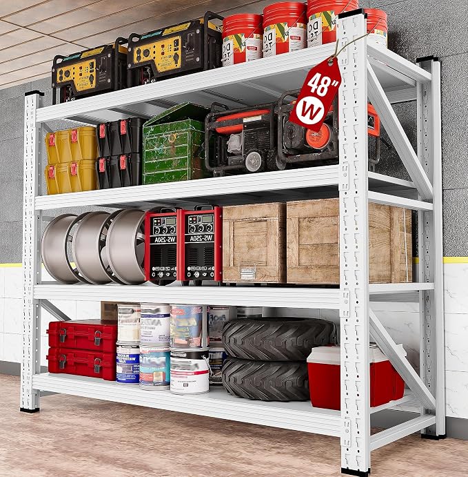 48" Wide Heavy Duty Garage Shelving Units,3000LBS 24 Deep Storage Shelves,White Metal Garage Shelves,Large Storage Rack,Steel Shelf,Industrial Shelving for Shop,Warehouse,48" W x 24" D x 70" H