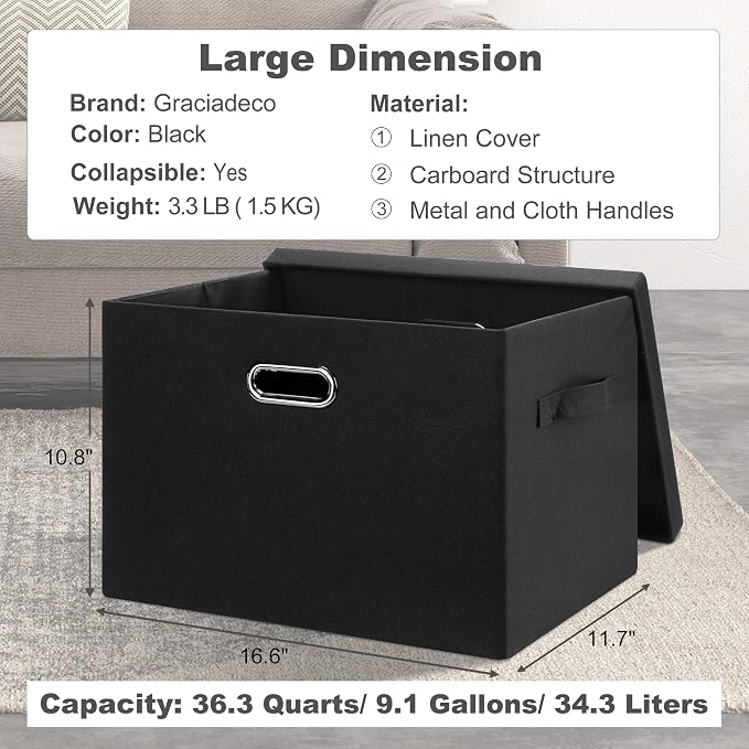 Graciadeco Large 17" 36 Quart Collapsible Stackable Storage Bins with Lids, 5 Packs Black Linen Fabric Closet Boxes with Lids, Storage Cube Baskets Container Organizers for Bedroom Office(17 x12 x11) | 36 Quart 5 Pack Black Collapsible Stackable Linen ...