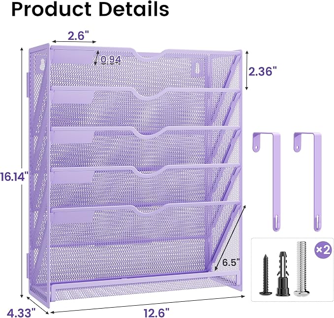 Hanging Wall File Organizer, Desk Organizer with Metal Mesh, 6-Tier | Foldable Document Organizer for Office Desk, Wall Mount Magazine Rack for Mail/Books/Tablet, Purple
