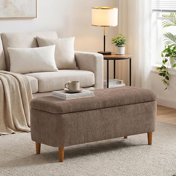 39.4”Ottoman with Storage Set of 2,Upholstered Comfy Storage Bench Ottoman with Wooden Legs,End of Bed Bench Footstool for Hallway Entryway Bedroom Living Room Corner Brown