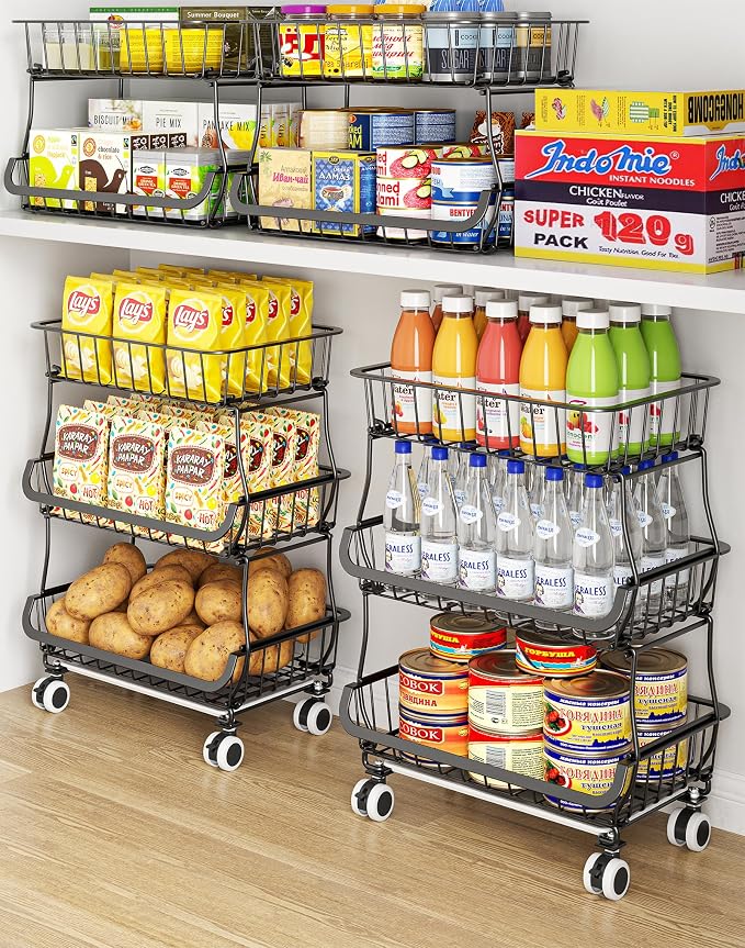 OKZEST 3-Tier Rolling Pantry Floor Organizer and Storage Cart with Wheels, Stackable Wire Pantry Baskets for Pantry Shelves, Kitchen Fruit Basket Stand and Storage Rack for Fruit Snack Onion Potato