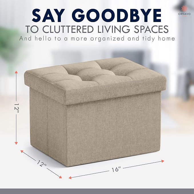 Ornavo Home Small Rectangle Storage Ottoman, Linen, 12x16x12, Taupe | Collapsible Cube Design; Foot Rest Stool Seat; Ideal for Living Room, Bedroom, Home Office or Dorm