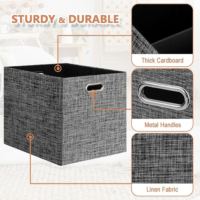 Posprica 13x15x13in Collapsible Storage Bins, Fabric Foldable Cube Storage Boxes, Decorative Storage Baskets Organizer for IKEA Kallax, Shelves, Closet, Clothes, Set of 4-Black