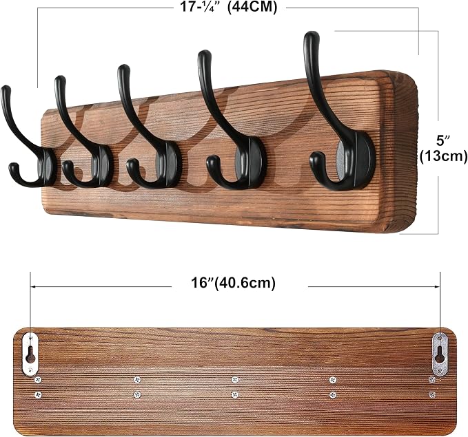 SKOLOO Rustic Wall Mounted Coat Rack, Case of 2, Pine Solid Wood Coat Hook Hanger - 5 Hooks for Hanging Clothes Robes Towels Coats