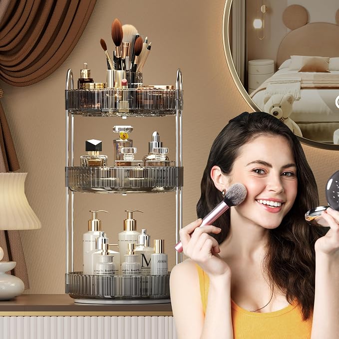 YCIA&DONE Rotating Makeup Organizer for Vanity, Large Capacity Make Up Storage Skin Care Shelf Perfume Holders Cosmetic Dresser Organizer Countertop Spinning 360 (Smoky Gray, 3Tiers)
