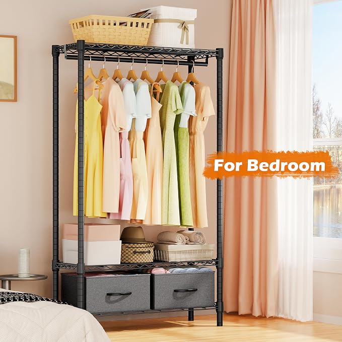 M MZG Heavy Duty Rolling Garment Rack 3 Tiers Adjustable Wire Shelving with Rod, Storage Closet Clothing Rack with Drawers Dark Grey, 15.8" D x 35.5" W x 72.4" H