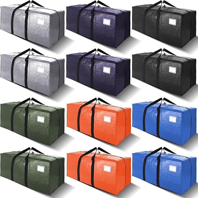 VELVETSURE 12 Pack Heavy Duty Extra Large Moving Bags W/Backpack Straps - Strong Handles & Zippers, Storage Totes For Space Saving, Fold Flat, Alternative to Moving Box and Storage Bin, Multicolor
