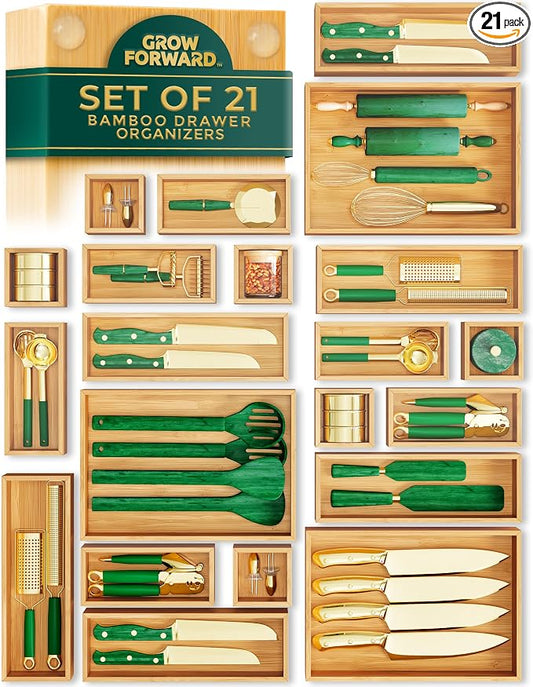 Grow Forward Bamboo Drawer Organizer Boxes - Set of 21 Wooden Drawer Organizers for Kitchen, Bathroom, Office, Desk, Vanity, Makeup - Non-Slip Junk Drawer Organizer Trays for Storage and Organization