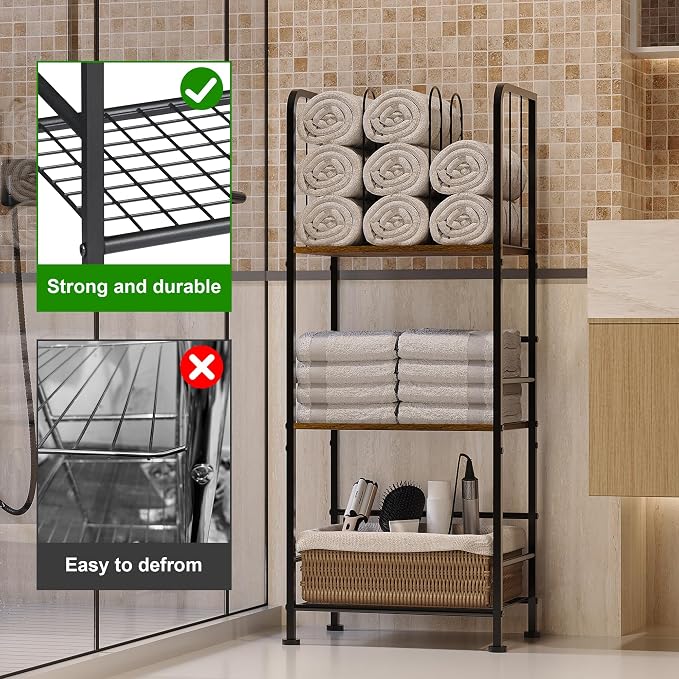 3-Tier Freestanding Towel Racks for Bathroom, Towel Rack Stand | Detachable M-shaped Dividers for Bath Towel Storage Premium Iron & Wood Holder Crafted for Bathroom Organization