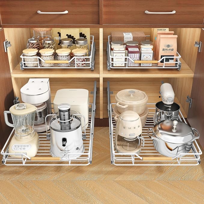 Pull out Cabinet Organizer, 15"W X 21"D, Heavy Duty Smooth Sliding Under Cabinet Shelves for Pots and Pans, Full-Extension Roll out Drawers, Slide out Organization for Home Kitchen Pantry, White