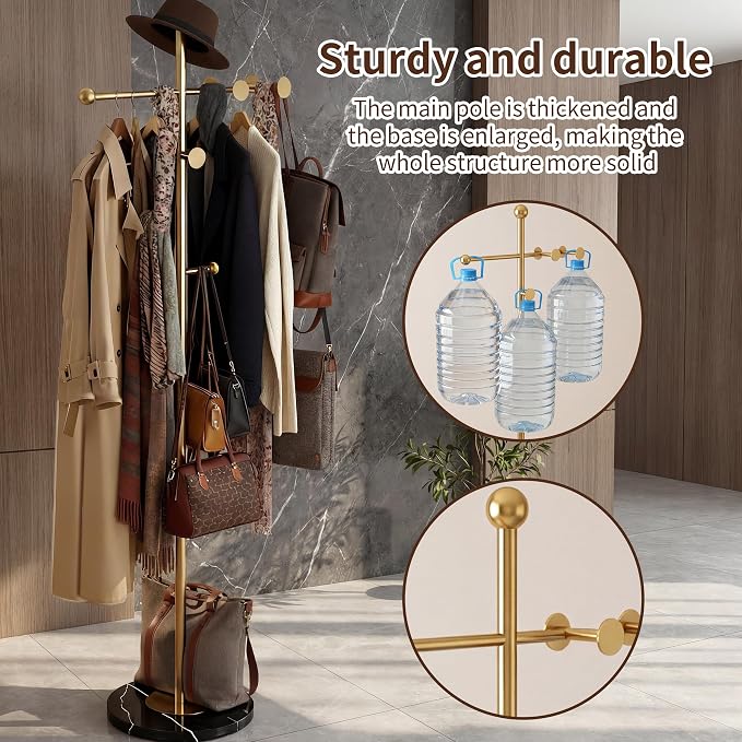 68.9 Inch Tall Modern Coat Rack,Gold Coat Tree Freestanding,Heavy-Duty Metal Coat Rack Freestanding with Sturdy Marble Base for Entryway,Hallway,Bedroom,Holds Coats Hats Bags Scarves
