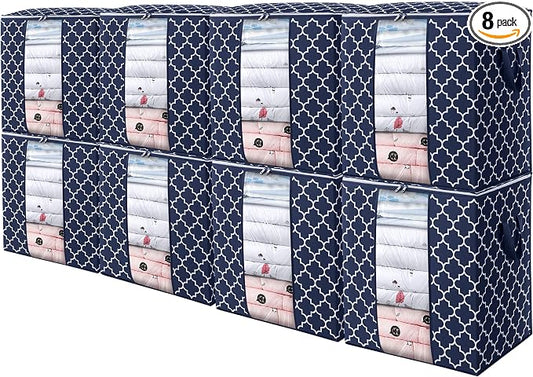 WISELIFE Storage Bags 8 Pack/100L Large Blanket Clothes Organization and Storage Containers for Comforters,Bedding, Foldable Organizer with Reinforced Handle, Clear Window, Sturdy Zippers,Blue