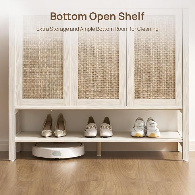 SICOTAS Rattan Shoe Cabinet with Storage, White Large Shoe Organizer | 30 Pairs Boho Shoe Rack Cabinet with 3 Doors & Adjustable Shelves for Entryway, Hallway, Living Room, Closet (2 Pieces)