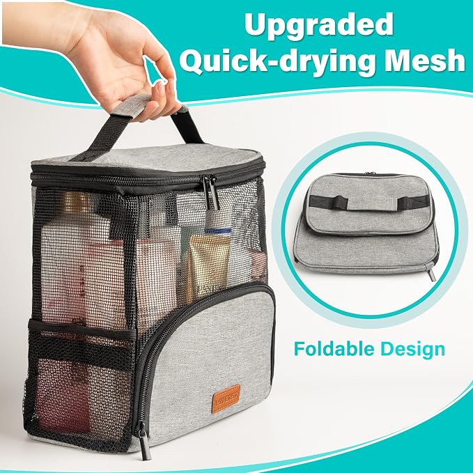 Hanging Toiletry Bag, Shower Caddy Tote Bag (Updated Version, Full Size Bottle Compatible), Bath Organizer for College Dorms, Gym, Camp, Women Men, with Funny Luggage Tag