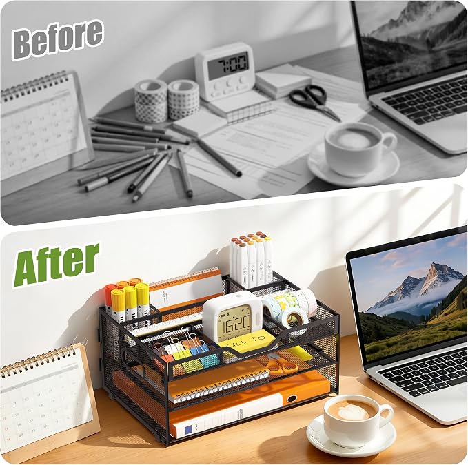 3 Tier Metal Desk Organizer with Magazine File Holder, Black | Space saving workspace desk file trays. Includes pencil holder and portable handles. Ideal for school and office supplies