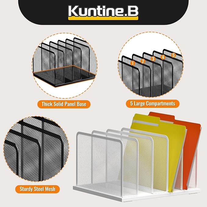 Kuntine.B 5-Section Upright Desk File Organizer White 1 Pack | Vertical, Mesh, Metal, Assembly, Stability, Sturdiness, Organization, Standing