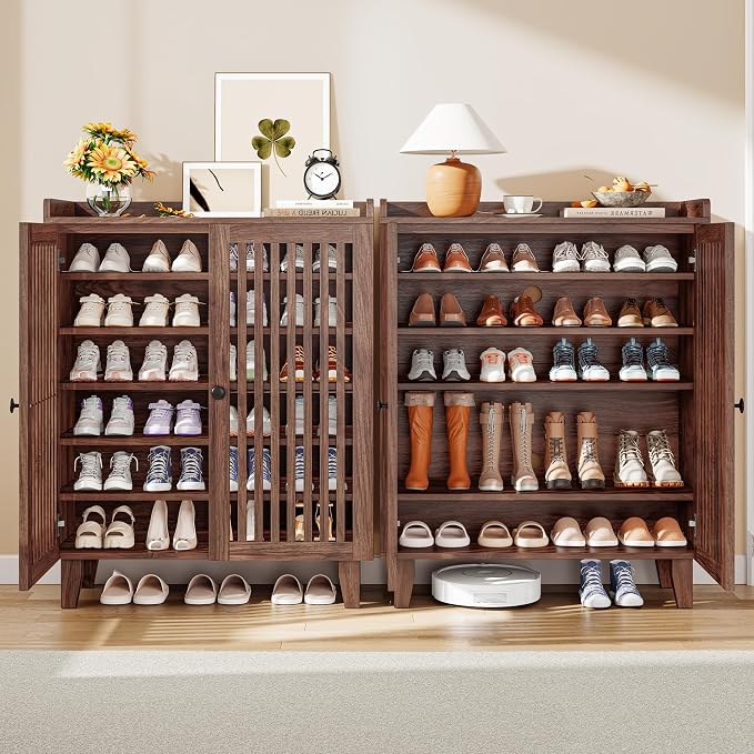 IRONCK Shoe Cabinet with Slatted Doors, 6-Tier Shoe Storage Cabinet with Adjustable Shelves, Wooden Shoe Rack Organizer for Entryway, Hallway, Closet, Living Room, Walnut