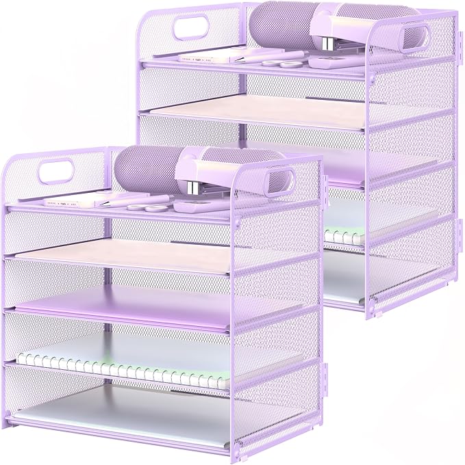 2 Pack Letter Tray Paper Organizer 5-Tier Desk Organizer File Organizer Paper Holder with Handle, Metal Desktop Document Shelf Tray Office Classroom Organization - Purple