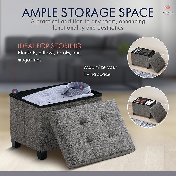 Ornavo Home Small Rectangle Storage Ottoman with Legs, 12x16x12, Dark Gray | Foot Rest Stool Seat; Holds Up to 600 lbs; Ideal for Living Room, Bedroom, Home Office or Dorm